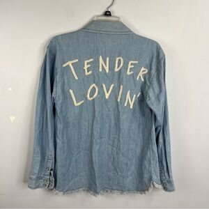 Forever 21 Small Tender Lovin' Embroidered Chambray Denim Pearl Snap Shirt P12